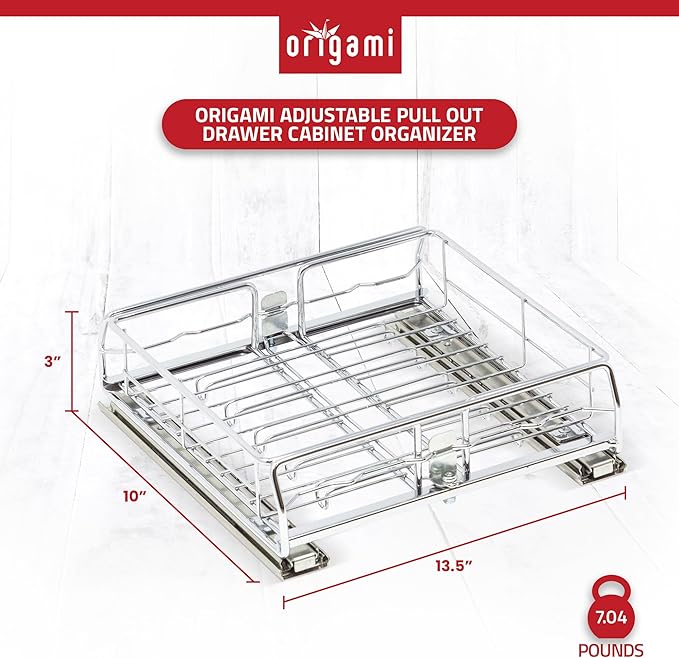 Origami 2 Pack Kitchen or Bathroom Chrome Plated Steel Sliding Pullout Drawer and Cabinet Organizer, Adjustable 10 Inch Width, Silver