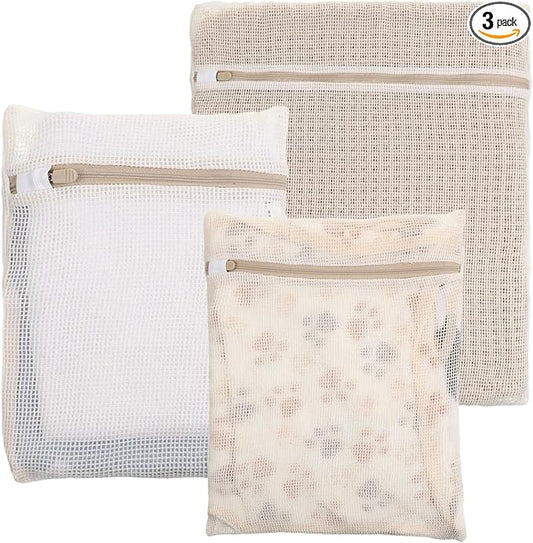 3 Pcs Cotton Mesh Laundry Bag, Sturdy Zipper Lingerie Bags for Washing Delicates, Breathable Durable Cotton Garment Bag for Washing Machine Lingerie Clothes Pants Shoes & Socks