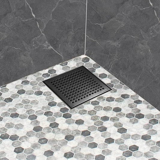 Neodrain 6-Inch Black Shower Drain, Square Drains with Removable Quadrato Pattern Cover, 304 Stainless Steel, Shower Drain Kits with PVC Base&Hair Catcher Strainer, Shiny Black