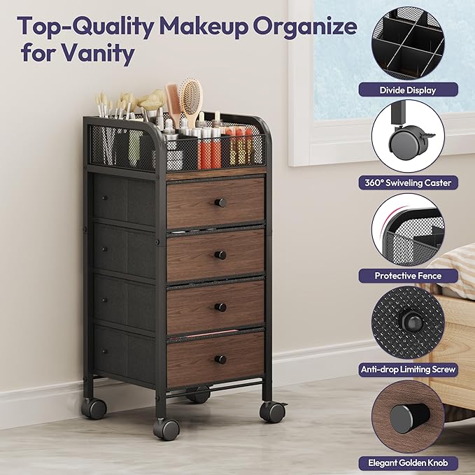 SWTYMIKI Rolling Makeup Organizer Cart - Floor Skincare Make Up Storage with 4 Non-woven Drawers, Vanity Organizer Cosmetic Display Cases Cabinet for Skin Care Perfume Nail Polish Brush Hair Tool