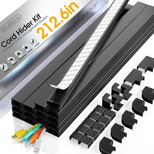 212.6in Cord Covers for 2-3 Wires on Wall, TV Cord Hider Wall, Easier Set-up Wire Hider Wire Covers for Cords on Wall, Paintable Cable Hider Raceway,Self-Adhesive Cable Cover, W0.95 H0.55in, Black