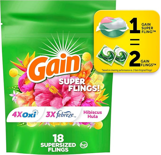 Gain Super Flings Laundry Detergent Pacs, 18 Count, Hibiscus Hula scent, irresistibly clean and fresh washing detergent laundry soap pacs