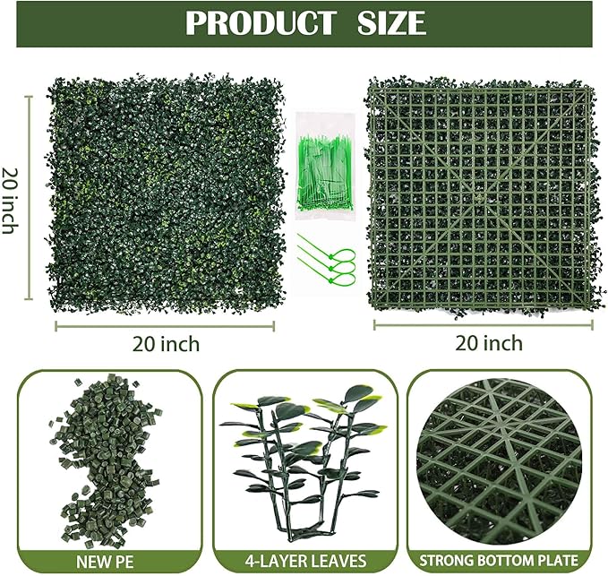 12PCS 20"x 20" Artificial Boxwood Wall Panels, UV-Anti Grass Wall Hedge Plant Panels for Indoor Outdoor Green Wall Decor Ivy Fence Covering Privacy