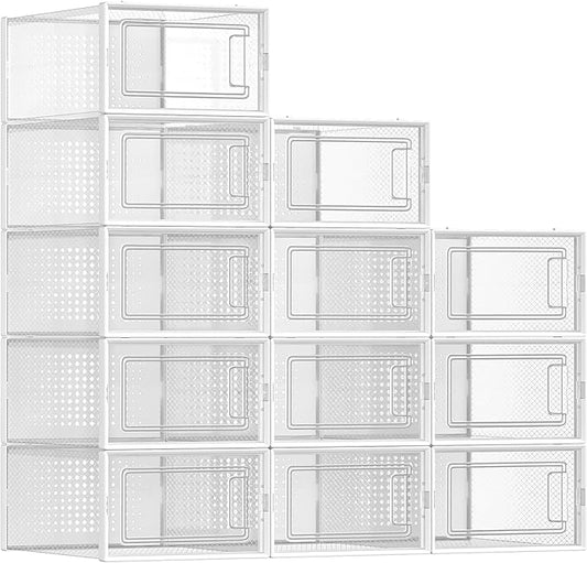 SONGMICS Shoe Boxes, Pack of 12 Shoe Storage Organizers, Stackable Clear Plastic Boxes for Closet, Sneakers, 13.1 x 9.1 x 5.6 Inches, Transparent and White ULSP12SWT