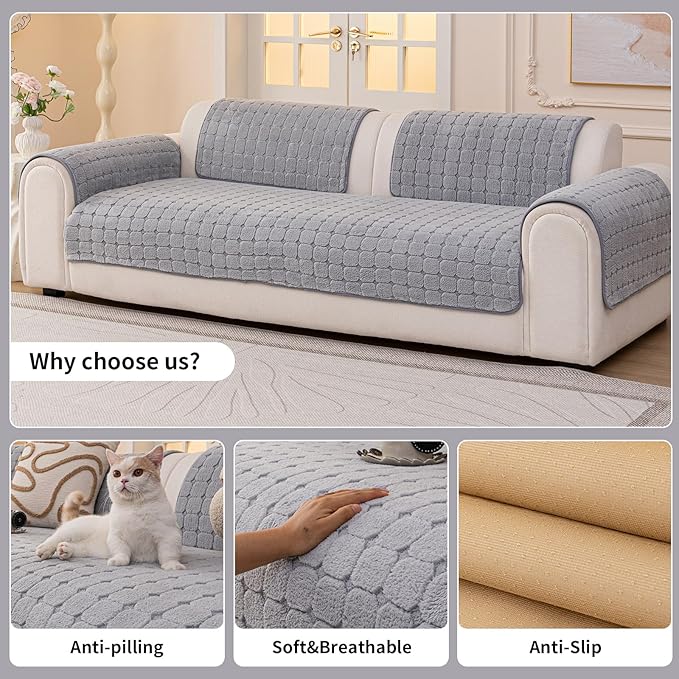 Velvet Sofa Covers Washable, Plush Warm Couch Cover for Single Seater Sofa, Funny Fuzzy Couch Covers for Pets&Kids, Non-Slip Sectional Sofa Cover(1PC, Light Grey, 27.6"×27.6", Single Seater)