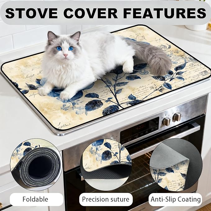 Glass Stove Top Covers for Electric Stove, Heat Resistant Counter Protector Mat, Non Slip Waterproof Surface Cover for Kitchen Counter and Cooktop (Blue Roses, 28"L x 20"W)