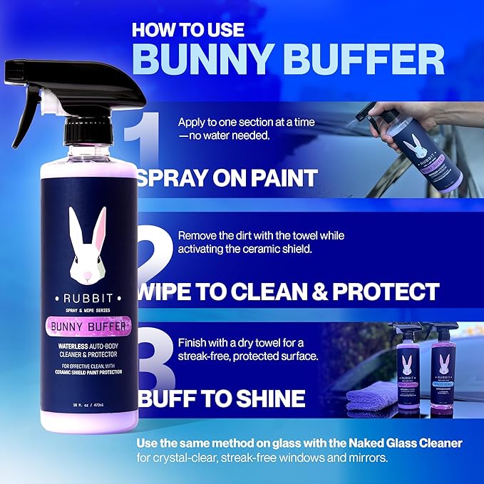 Bunny Buffer, Waterless SiO2 Ceramic Car Wash & Protector, Quick Spray and Wipe Car Cleaner, Detailing Product for Exterior Surfaces, Car Cleaning Supplies, 16 FL Oz