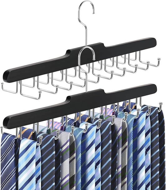 2PC Tie Rack Hanger for Closet Fitnice Upgraded Non Slip Tie Holder Organizer Space Saving with 20 Foldable Hooks Wooden Belt Hanger for Tank Tops Bras Cami Scarves,Black