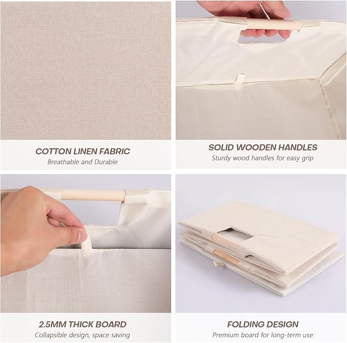 ANMINY 2PCS Storage Baskets for Organizing Collapsible Fabric Storage Bins Boxes with Wood Handles Closet Shelves Cube Organizer Bins Clothes Laundry Storage Container - Small, Beige