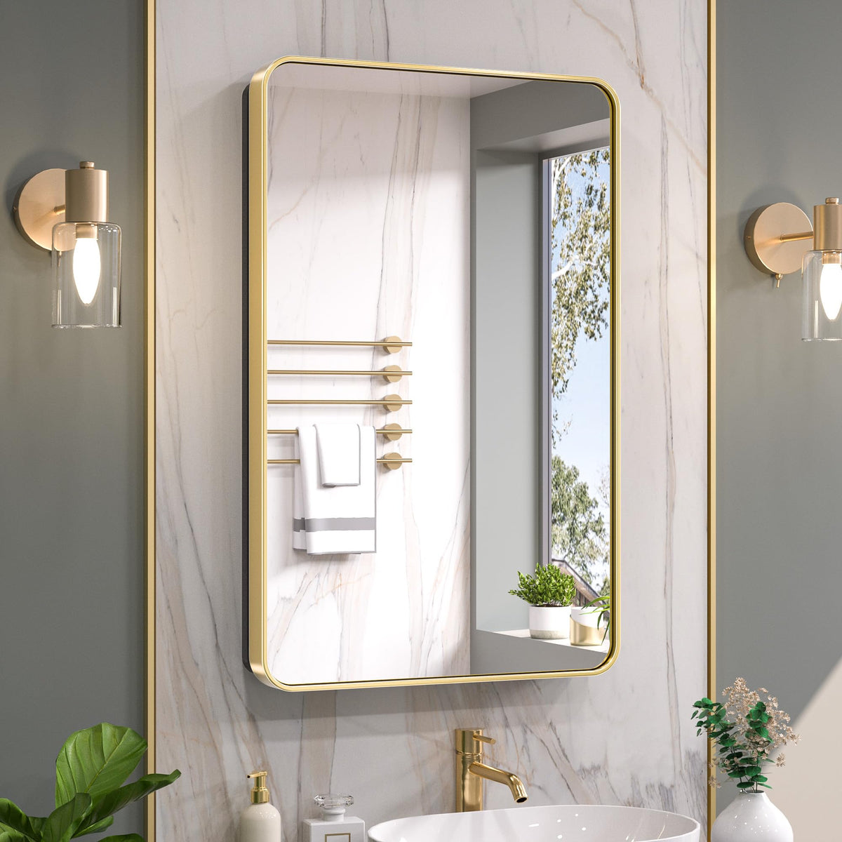Keonjinn 20"x32" Gold Medicine Cabinet Mirror, Stepless - Image 1