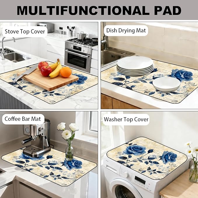 Glass Stove Top Covers for Electric Stove, Heat Resistant Counter Protector Mat, Non Slip Waterproof Surface Cover for Kitchen Counter and Cooktop (Blue Roses, 28"L x 20"W)