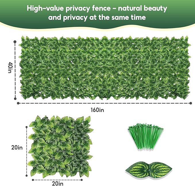Artificial Ivy Privacy Fence Screen, 160x40 inchs Artificial Hedge Grass Wall，Faux Ivy Fence Privacy Screen，Decoration for Patio, Balcony, Garden, Color Printing Watermelon Leaves