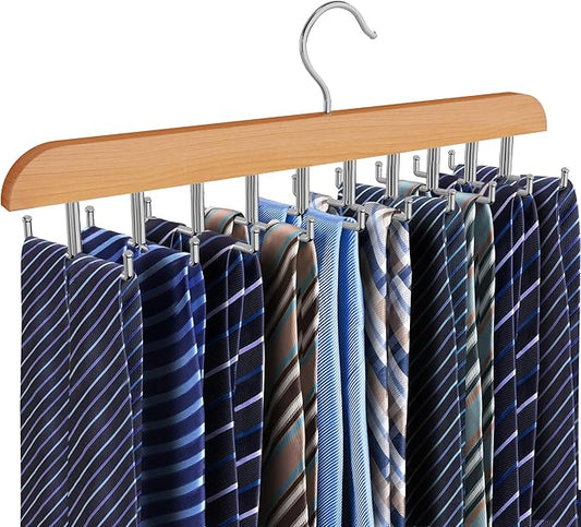Tie Rack Hanger for Closet, 2 in 1 Belt Tie Hangers with 20 Folding Hooks, 360 Degree Rotating Wooden Tie Holder Organizer for Men Ties Belts Scarves Tank Tops Accessories, Wood (1 Pack)