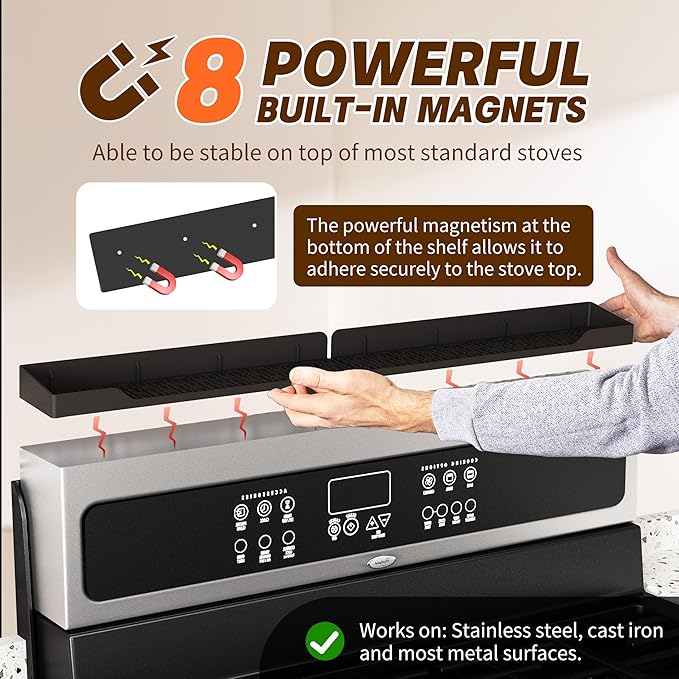 Stainless Steel Stove Gap Covers (2 Pack), Stove Gap Filler and Silicone Stove Top Shelf 30 Inch Magnetic (1 Pack), Easy Clean Heat Resistant Kitchen Bundle
