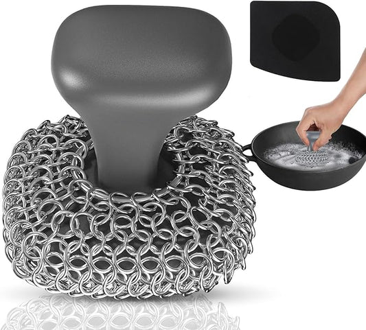 Cast Iron Scrubber, Cast Iron Cleaner with Pan Scraper, Chainmail Scrubber for Cleaning Dishes, Stock Pots, Pans, Griddles, Grills - Dish Scouring Pad Dishwasher Safe Cleaning Kit, Black