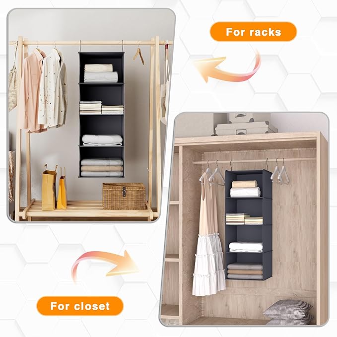Hanging Closet Organizer, Easy Mount Foldable 4-Shelf Hanging Closet Wardrobe Storage Shelves, Clothes Handbag Shoes Accessories Storage, Washable Oxford Cloth Fabric, Dark Grey