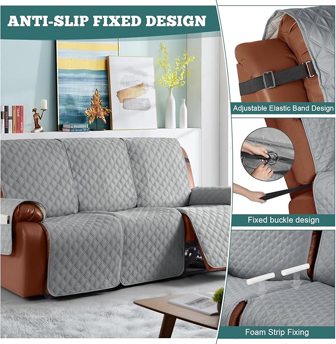 Ruaozz Waterproof Recliner Sofa Covers, 1-Piece Couch Covers for Reclining Couches Reclining Couch Cover Washable Furniture Protector with Elastic Straps Pocket for Kids Pets (Light Grey, 3 Seater)