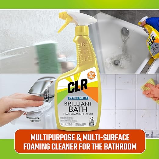 CLR Brilliant Bath Foaming Bathroom Cleaner Spray, 26 Ounce Bottle (Pack Of 2) & Casabella Smart Scrub Heavy Duty Tile and Grout Cleaning Brush, Gray, Grey/Aqua (15933)