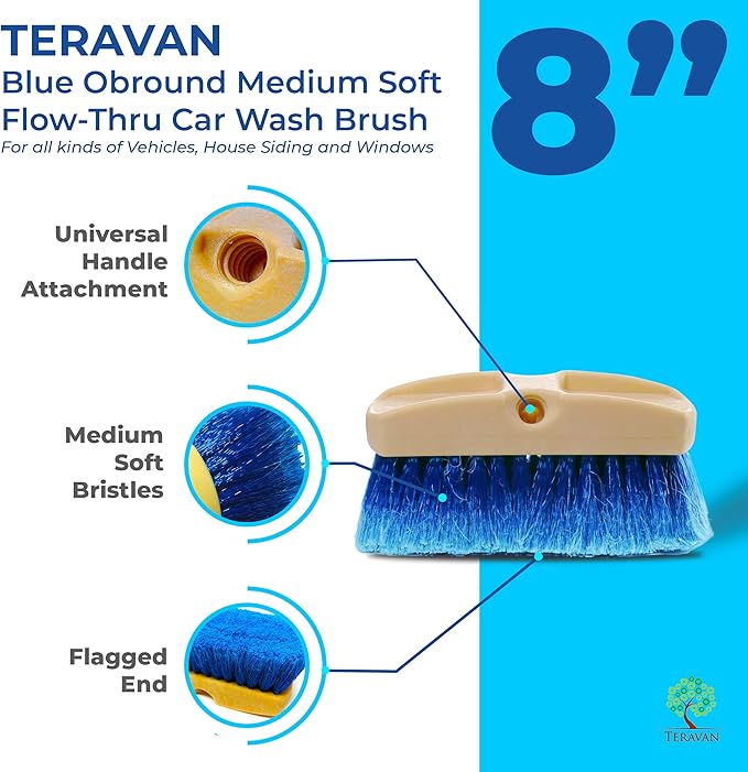 Teravan 8 Inch Blue Obround Medium Soft Flow Through Scrub Brush with Flagged Ends for Car and House Cleaning, Car Wash Brush for RV's and Larger Vehicles.