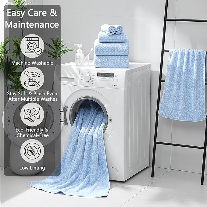 Ycosy 18 Piece Bath Towels Set,100% Microfiber Family Bathroom Towel with Hanging Loops-6 Bath Towels,6 Hand Towels,6 Washcloths,Quick Dry Highly Absorbent Shower Towel for Bathroom,Hotel,Spa-Blue