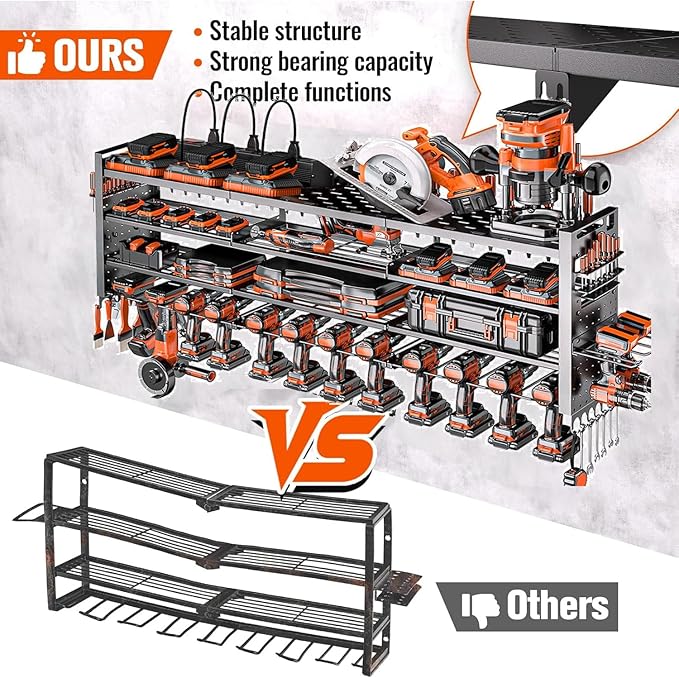 49.8" W Power Tool Organizer Wall Mount with Charging Station, Large Garage Organization with 12 cordless Drill Holder, 4 Layers Tool Organizers and Storage, Tool Rack with 6 Power Strip, Black