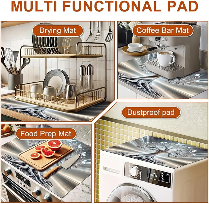 Silver Tree Stove Top Covers Pad Kitchen Decorations Dish Drying Mat 28 x 20 inches Tree of Life Coffee Bar Mats Absorbent Pad Fit Coffee Maker Machine Dish Drying Kitchen Decor