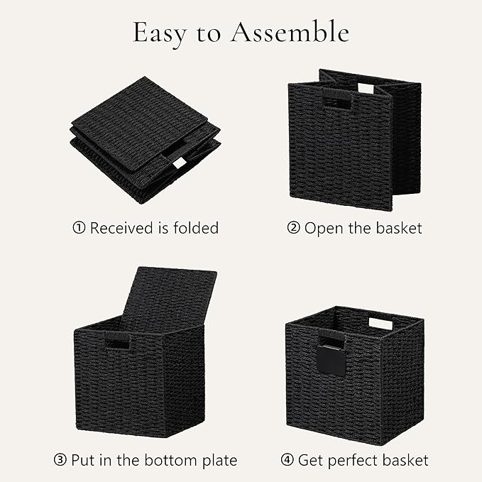 UBBCARE 4 Pack Wicker Basket, 10.5×10.5 Storage Cubes with Label, Foldable Cube Storage Bin with Handle, Square Storage Basket for Shelves, Woven Paper Rope Basket for Organizing, Black