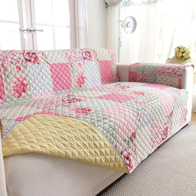 Cmfshape Skidproof Sofa Cover-Patchwork Sofa Slipcover with Elastic Straps-Easy Fit Slip Cover-Rose Washable Furniture Protector for Pets and Kids(Loveseat,Pink&Grey)