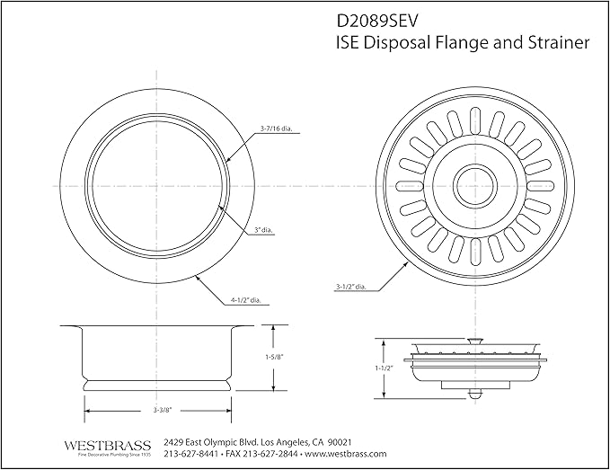 Westbrass A2089SEV-07 3-1/2" Kitchen Sink Waste Disposal Drain Flange and Basket Strainer, Satin Nickel