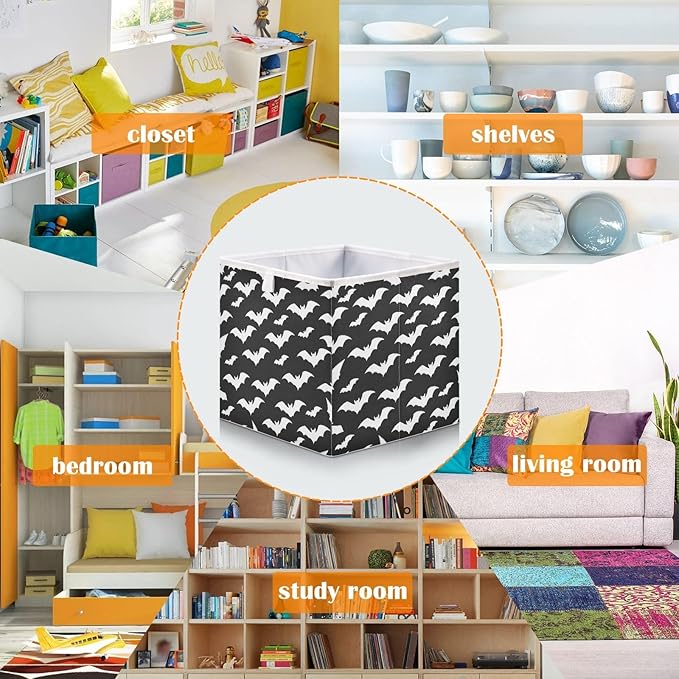 Bolaz Bat Pattern Closet Organizers Storage Cubes Storage Bins Shelf Baskets Containers for Home Room Office,Square
