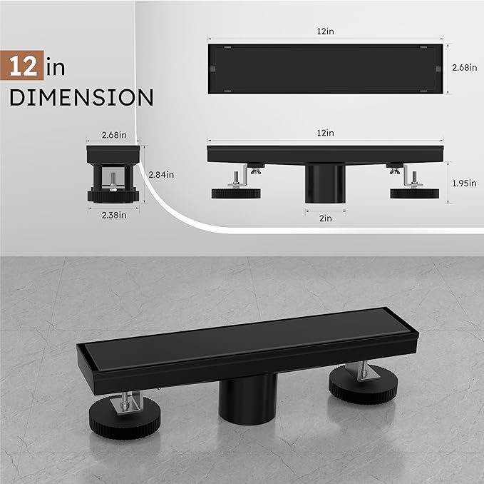 Linear Shower Drain 12 Inch,Modern Rectangle Shower Floor Drain with 2-in-1 Tile Insert Cover, Stainless Steel SUS 304, Linear Drain with Leveling Feet& Hair Strainer