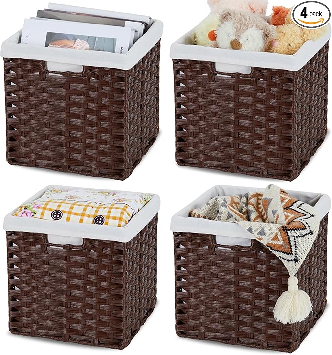 Bidtakay Wicker Cube Storage Bins with Liners 11x11 inch Woven Baskets for Organizing 4-Pack Waterproof Imitation Rattan Woven Cube Organizer with Handles for Pantry-Reddish Brown