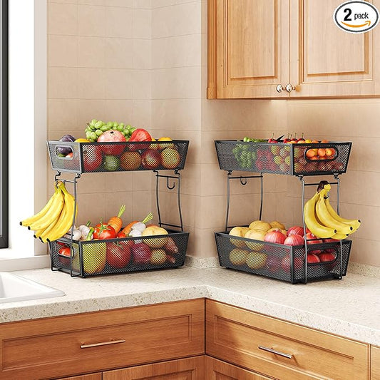 2 Tier Fruit Basket Bowl for Kitchen Counter with 2 Banana Hangers, Countertop Metal Mesh Basket Stand Fruit Holder for Veggies Onion Potato Bread Snack, 2 Pack