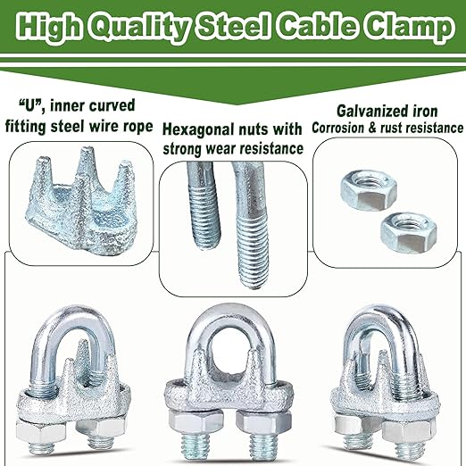 12PCS 3/8" M10 Zinc-Plated Wire Rope Clamps – Heavy Duty U-Bolt Cable Clips (Silver)