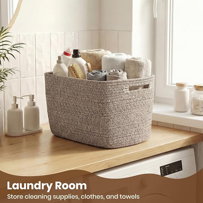 Storage Baskets for Organizing, 14 x 10 x 9” Closet Shelf Woven Baskets, Square Bins with Handles, Cotton Rope Basket for Toys, Clothes, Office, Room, Brown 3 Pack