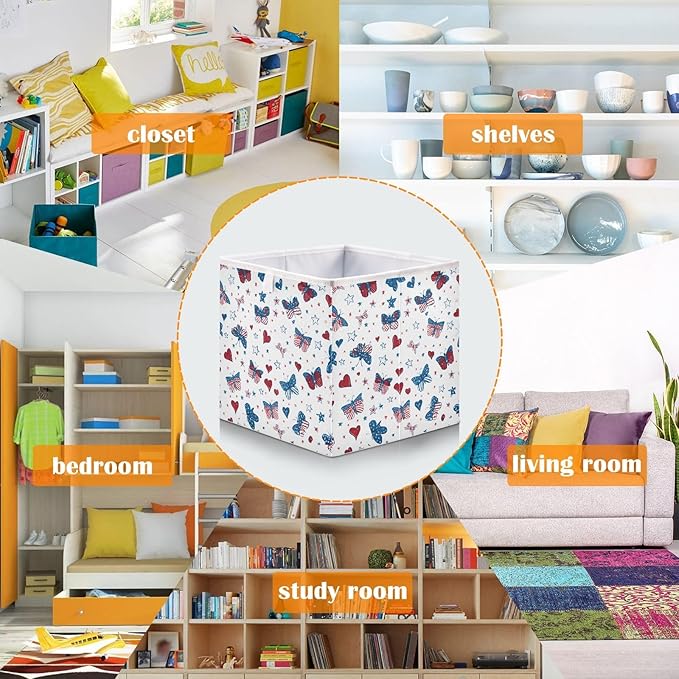 Bolaz Butterfly Hearts Stars Pattern Closet Organizers Storage Cubes Storage Bins Shelf Baskets Containers for Home Room Office,Square