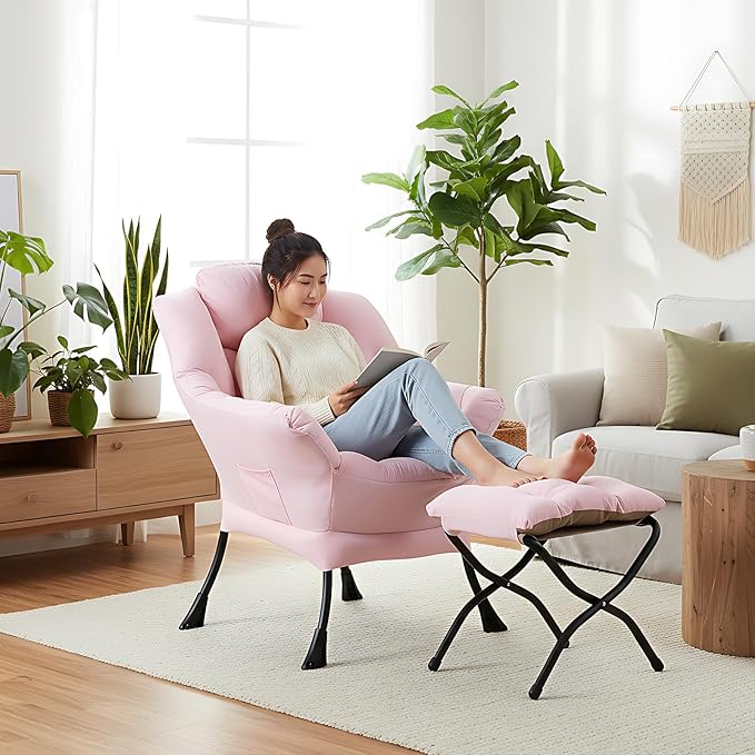 Welnow Lazy Chair with Ottoman, Modern Reading Lounge Accent Chair with Armrests and a Side Pocket, Leisure Upholstered Lazy Sofa Set with Footrest for Small Space