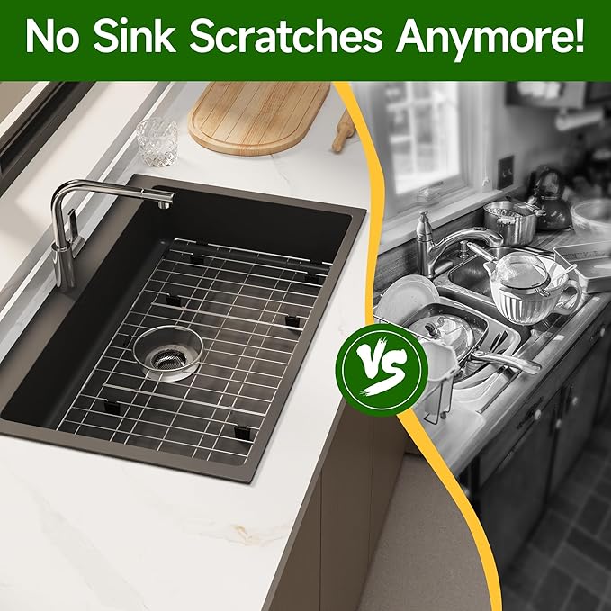 Stainless Steel Sink Protector 28-3/8" x 14-3/16" with Rear Drain, Metal Sink Rack for Bottom of Sink, Kitchen Sink Grate and Sink Protectors with Sink Strainer (28-3/8" x 14-3/16" - Rear Drain)