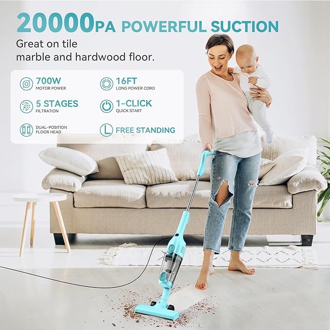 Vazone R6X Corded Stick Vacuum Cleaners for Home, 20Kpa Powerful Suction Stick Vacuum with 16Ft Cord, 2 in 1 Lightweight Vacuum Cleaner for Hardwood Floor Pet Hair (Green)