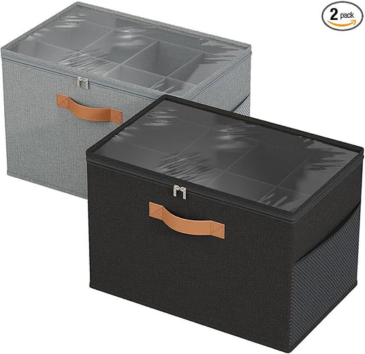 2 Pack Shoe Organizer for Closet,Foldable Shoe Storage Organizer with Adjustable Dividers, Shoe Storage Box with Clear Cover, Fits up to 16 Pairs,Black & Gray