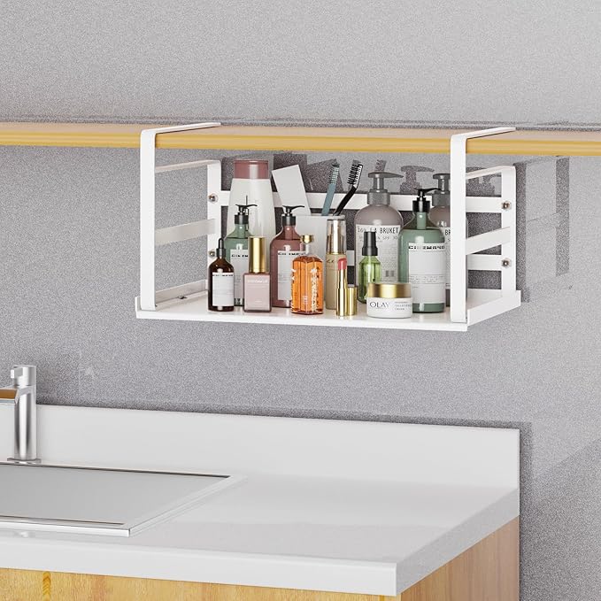 PEKGRIL 2 Pack Under Shelf Basket, White Undershelf Storage Basket, Heavy Duty Slide-in Hanging Storage Basket, Metal Under Cabinet Organizer for Kitchen, Pantry, Desk, Bookshelf, Cabinet, CGSN-BS-2P