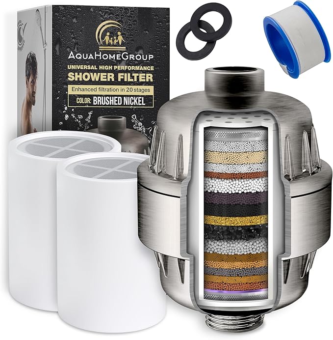 AquaHomeGroup 20 Stage Shower Head Filter with Vitamin C E A for - High Output Filter to Remove Chlorine and Fluoride - 2 Replacement Cartridges - Consistent Flow Showerhead Filter