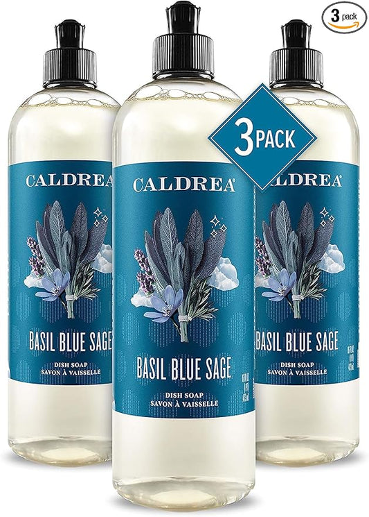 Caldrea Dish Soap, Biodegradable Dishwashing Liquid made with Soap Bark and Aloe Vera, Basil Blue Sage Scent, 16 oz , 3 Pack