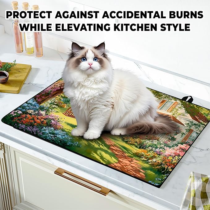 Happy Easter Stove Top Cover Flower Eggs Cute Rabbit Gas Stove Top Cover for Home Decoration Kitchen St. Patrick Day Pad Non-Stick Washable Cooktop Covers Countertop Protector (house, 28" x 20")
