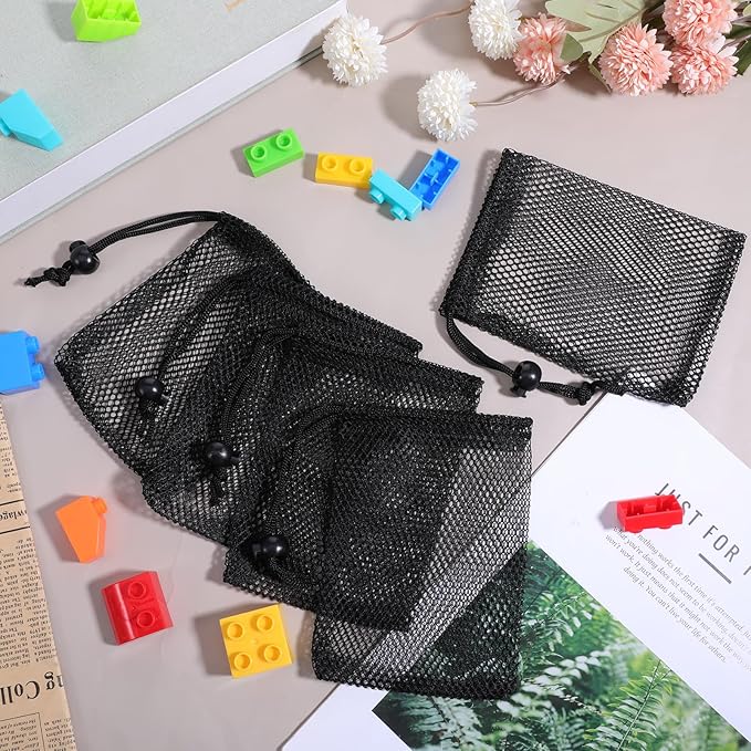 TIESOME 10 Pcs Mesh Drawstring Bags, 6" x 4" (15×10cm) Small Mesh Bag With Cord Lock Closure, Durable Breathable Net Bags For Laundry, Travel, Beach Toys, Seashell Collecting (Black)