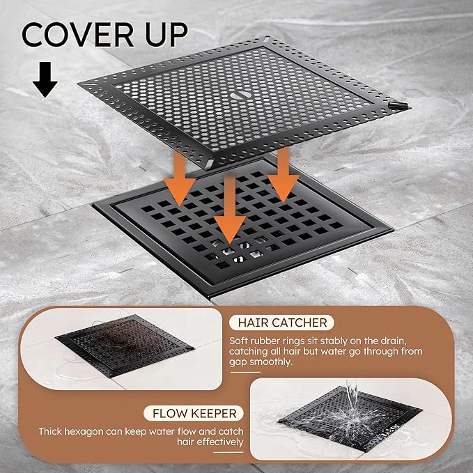 6 Inch Square Black Shower Drain with Flange, Modern Floor Drain with Quadrato Pattern Grate Removable,SUS 304 Stainless Steel