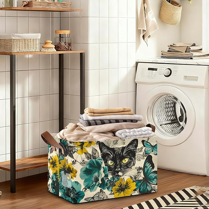 32L Large Storage Bins with Handles, Basket Organizer for Shelves, Closet, Books, Laundry & Home Decor (Flower Black cat)