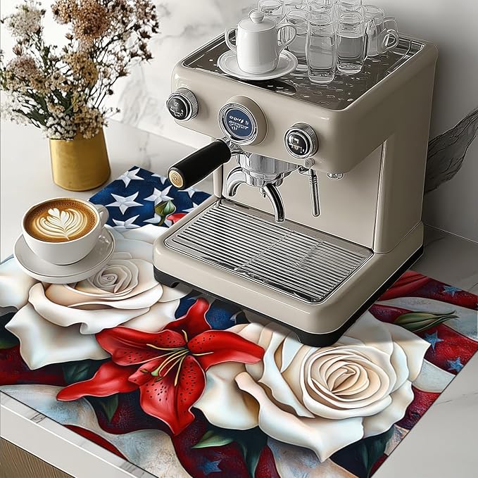 Stove Top Cover for Electric 28x20 Inch American Flag Rose Lily Kitchen Mat Heat Resistant Stovetop Cover Pad Countertop Protector for Electric Glass Cooktop Patriotic Kitchen Decor