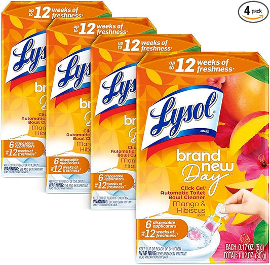 Lysol Click Gel Automatic Toilet Bowl Cleaner, Gel Toilet Bowl Cleaner, For Cleaning and Refreshing – Mango & Hibiscus, 6 applicators (Pack of 4, 24 Count Total)