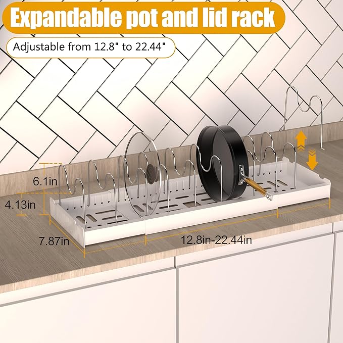 2 Pack Pots and Pans Organizer Racks Inside Cabinet, Expandable Pot & Food Container Lids Holder, Include 20 Stainless Steel Racks & White Plastic Base, Perfect for Kitchen & Countertop